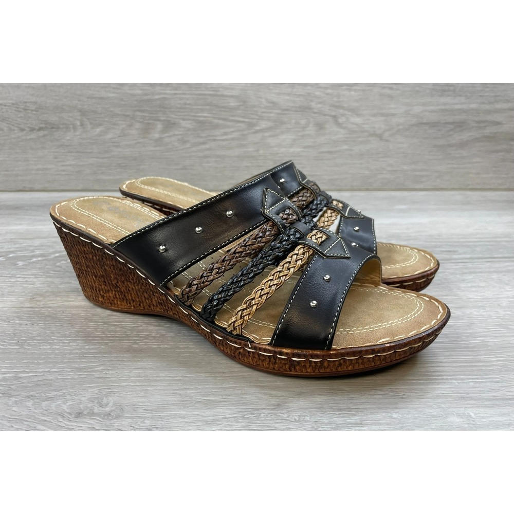Patrizia by Spring Step‎ Pitaya Women's 10 Black Slide Leather Sandal Wedge Heel